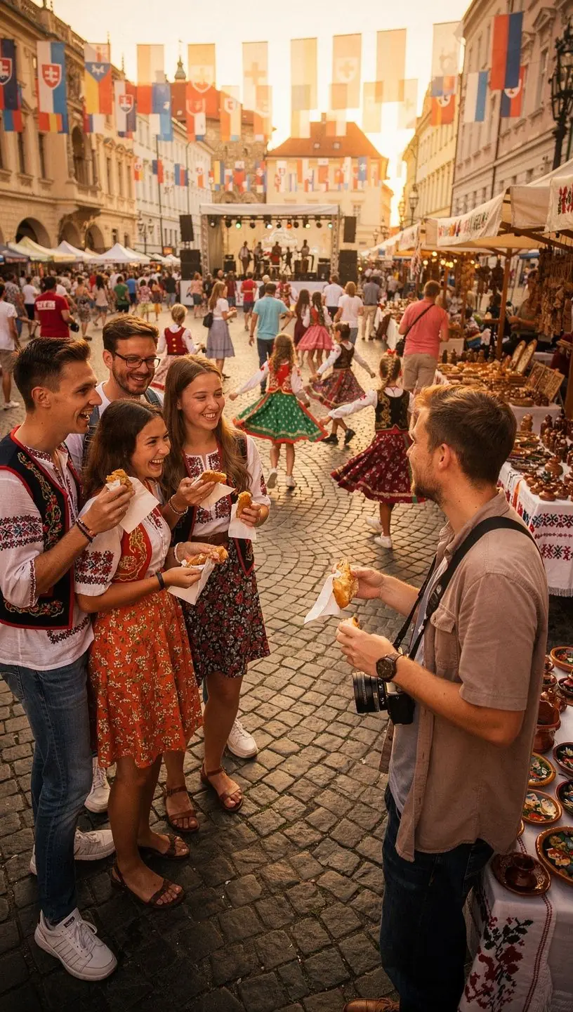 An inviting outdoor café in a Slovak town square, where visitors can relax and enjoy local cuisine while planning their cultural tours.